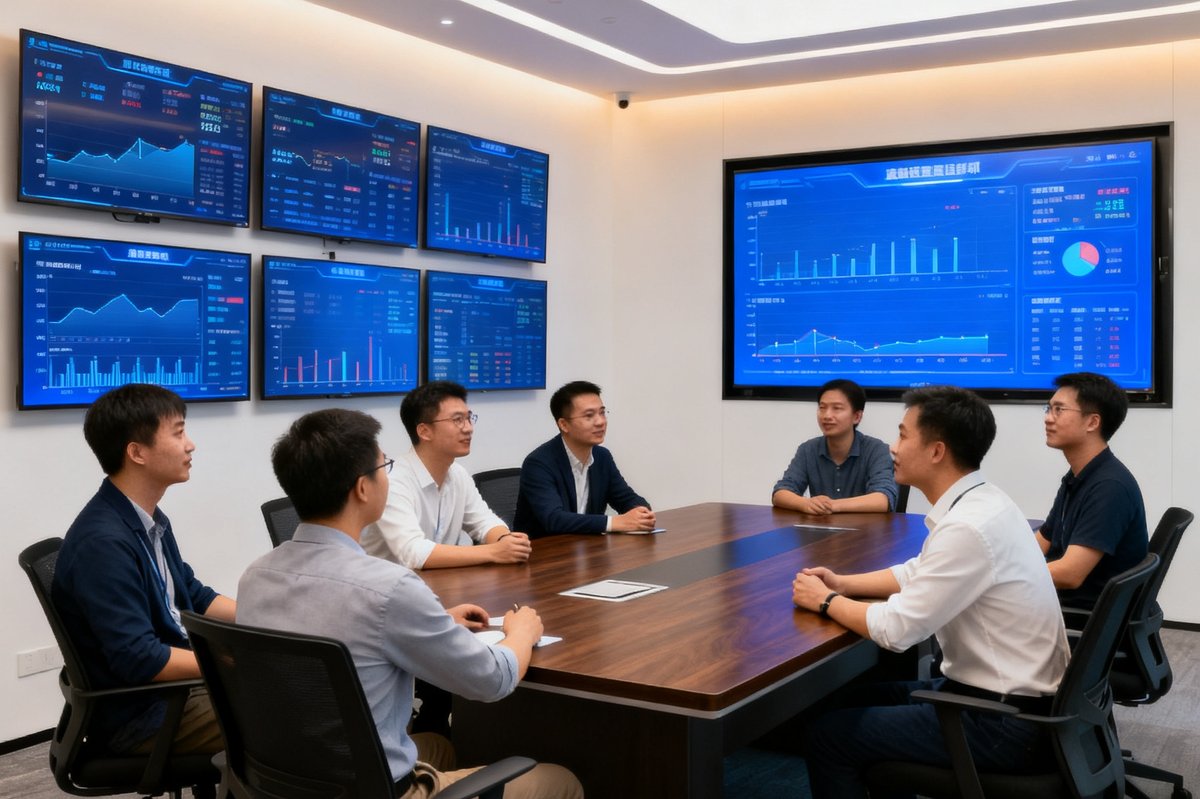 蓝鲸直播深圳总部办公室，技术团队围坐在会议桌前讨论产品方案，墙上挂着多块显示实时数据的大屏幕