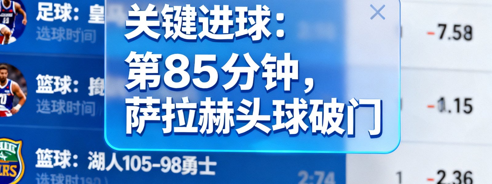 蓝鲸直播实时比分数据面板，多场足球篮球赛事比分同步滚动更新，关键进球事件弹窗提醒界面展示
